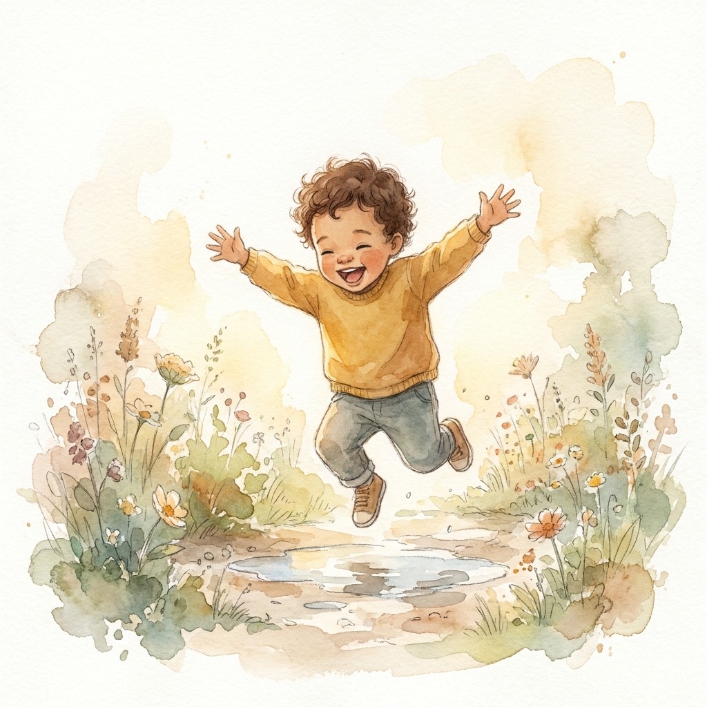 A child leaping over a garden puddle — the star of every page